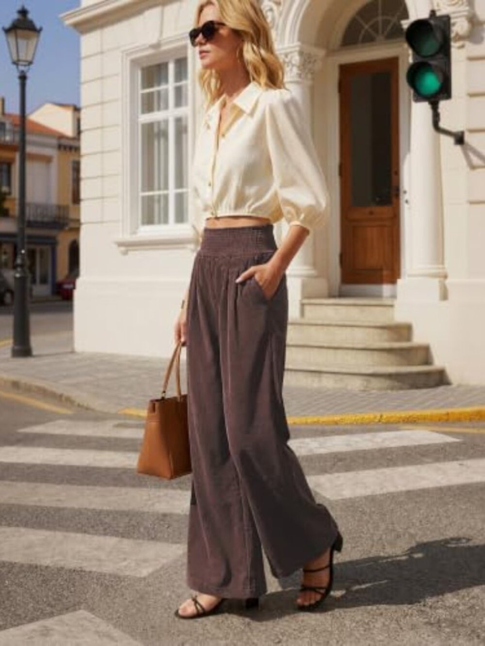 Wide Leg Palazzo Corduroy Pants Smocked Elastic Waist Pockets - Picture 4 of 7